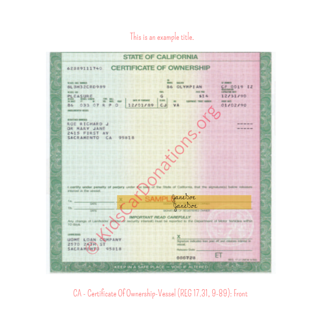 California Certificate Of Ownership-Vessel (REG 17.31, 9-89) Front | Kids Car Donations